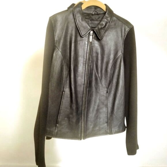 JACLYN SMITH CLASSIC Black LEATHER/Ribbed Sweater/JACKET Zip-up Long sleeve   M - Picture 7 of 15